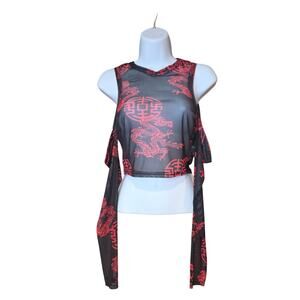 PLT black red mesh, cold shoulder, long sleeve Y2K top dragon sz 6 EU 38